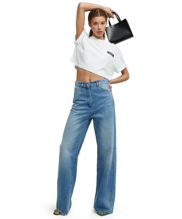 MSGM T-Shirt Girocollo Crop In Cotone Con Logo E Quote White Clearance