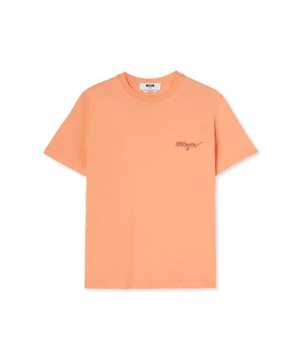 MSGM T-Shirt Girocollo In Cotone Con Logo Multicolor Corsivo Ricamato Orange Hot