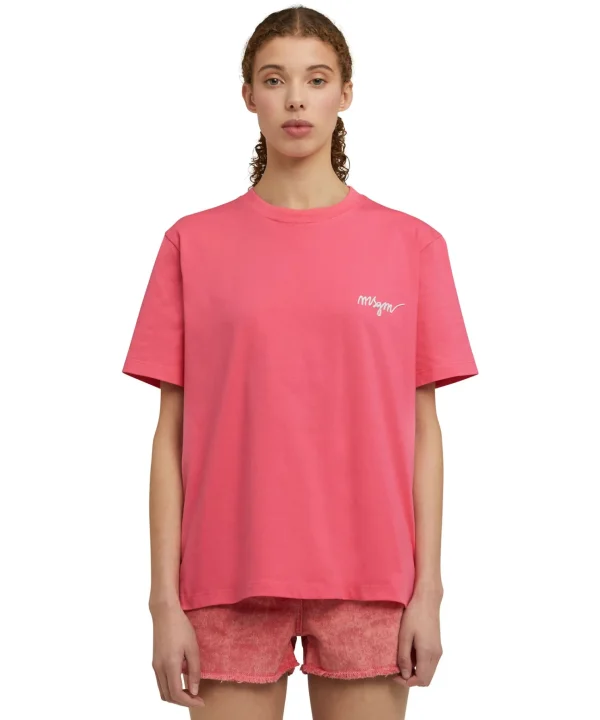 MSGM T-Shirt Girocollo In Cotone Con Logo Multicolor Corsivo Ricamato Fucsia Best Sale