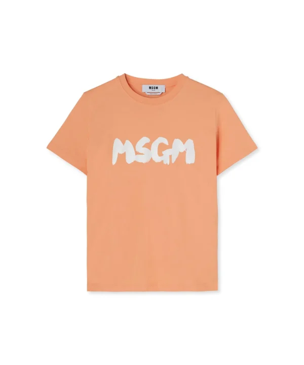 MSGM T-Shirt Girocollo In Cotone Con Nuovo Logo Pennellato Orange Fashion