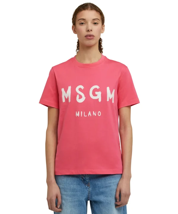 MSGM T-Shirt Girocollo In Cotone Con Logo Pennellato Fucsia Discount