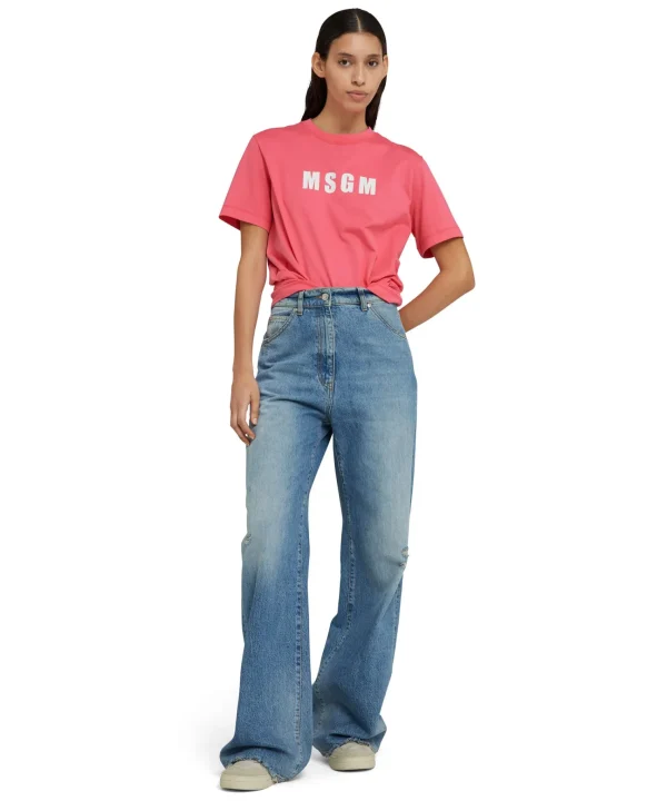 MSGM T-Shirt Girocollo In Cotone Con Logo Fucsia Clearance