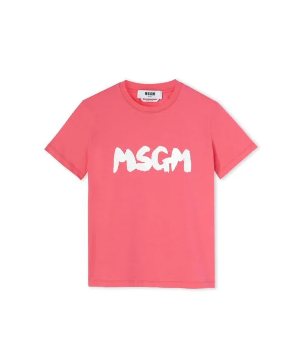 MSGM T-Shirt Girocollo In Cotone Con Nuovo Logo Pennellato Fucsia Outlet