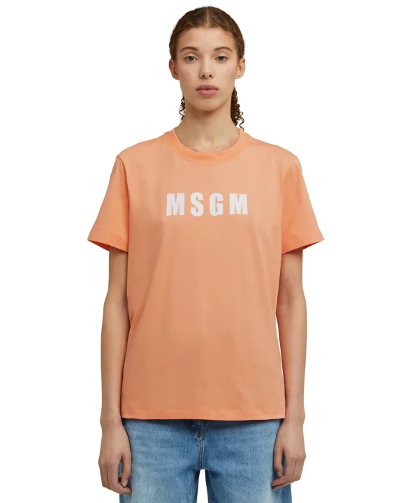 MSGM T-Shirt Girocollo In Cotone Con Logo Orange Shop