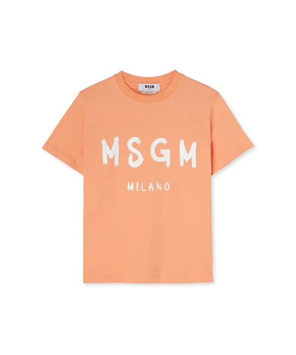 MSGM T-Shirt Girocollo In Cotone Con Logo Pennellato Orange Clearance