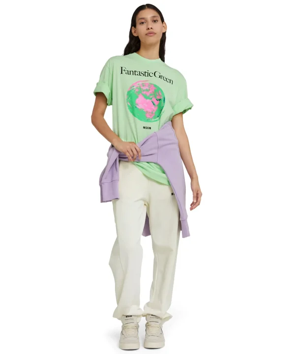 MSGM T-Shirt Girocollo In Cotone Organico Della Capsule Fantastic Green Light Green Clearance