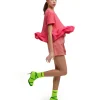 MSGM T-Shirt Girocollo In Cotone Con Balza In Taffeta Fucsia Best Sale