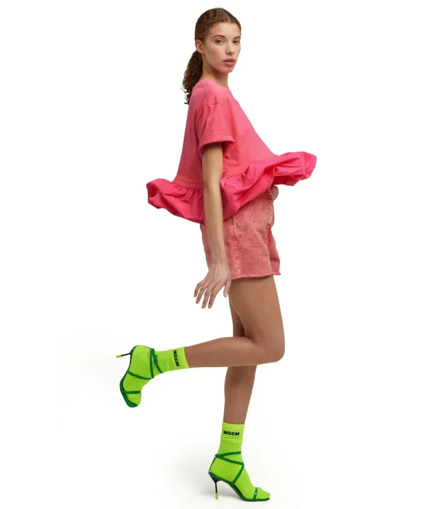 MSGM T-Shirt Girocollo In Cotone Con Balza In Taffeta Fucsia Best Sale