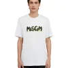 MSGM T-Shirt Girocollo In Cotone Con Nuovo Logo Pennellato Con Ombra Fluo White Store