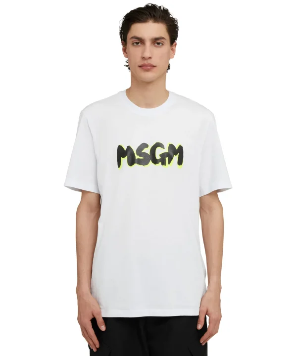 MSGM T-Shirt Girocollo In Cotone Con Nuovo Logo Pennellato Con Ombra Fluo White Store