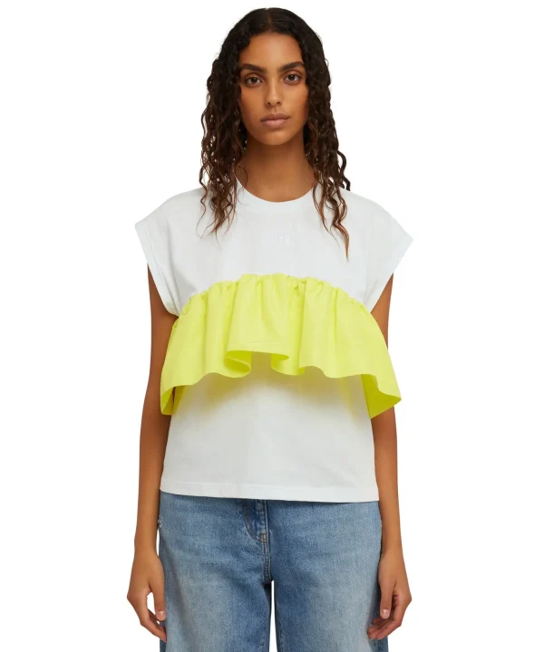 MSGM T-Shirt Girocollo In Cotone Con Balza In Taffeta Applicata White Online