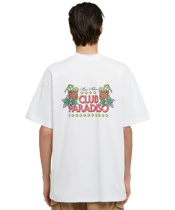 MSGM T-Shirt Girocollo In Cotone Tinta Unita Con Grafica "Club Paradiso" White Online