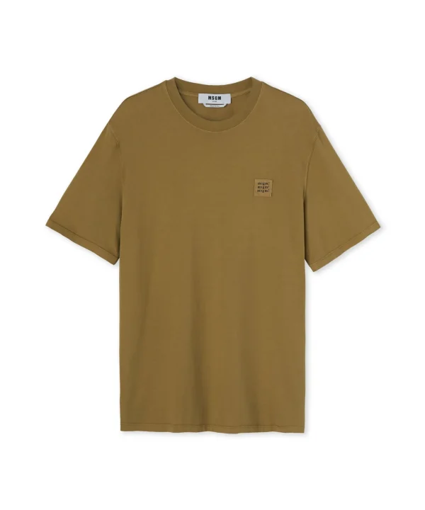 MSGM T-Shirt Girocollo In Cotone Tinta Unita Con Etichetta Con Logo Applicata Military Green Shop