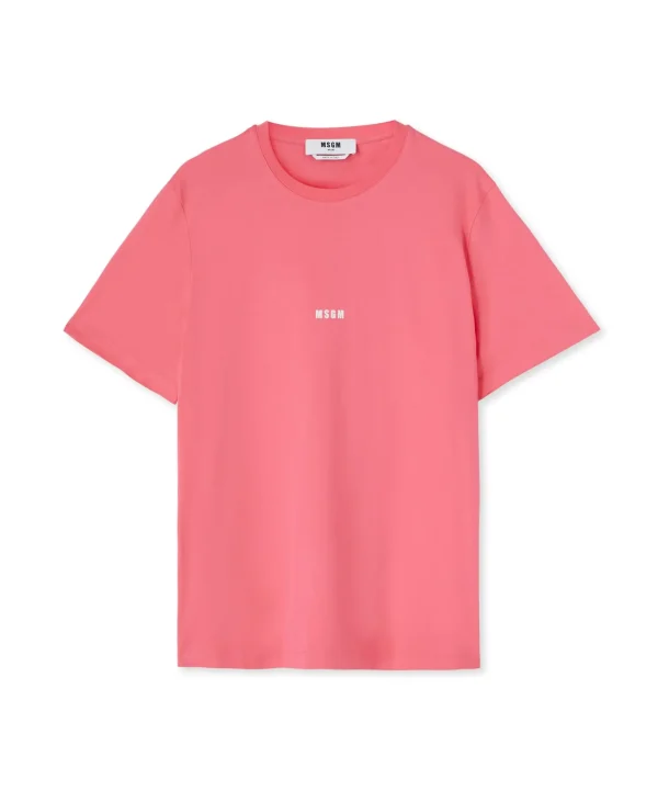 MSGM T-Shirt Girocollo In Cotone Tinta Unita Con Micro Logo Fucsia Discount