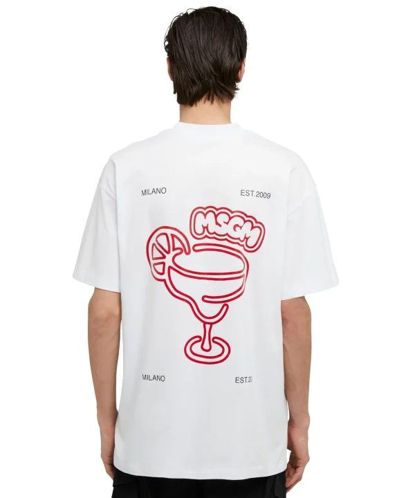 MSGM T-Shirt Girocollo In Cotone Con Logo E Grafica "Cocktail" Burro Studio X White Clearance