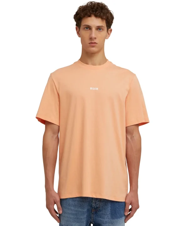 MSGM T-Shirt Girocollo In Cotone Tinta Unita Con Micro Logo Orange New