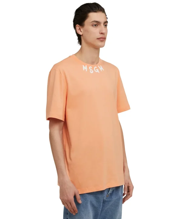 MSGM T-Shirt Girocollo In Cotone Con Logo Pennellato Posizionato Sul Collo Orange Best Sale