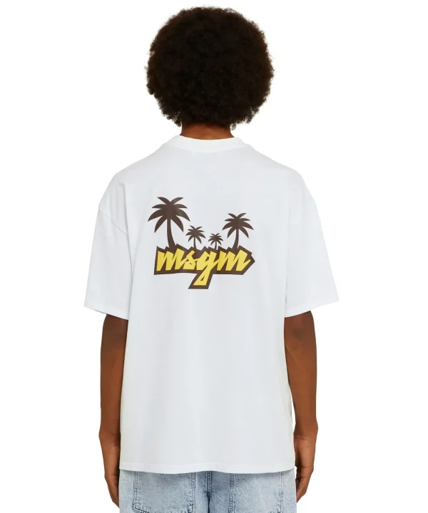 MSGM T-Shirt Girocollo In Cotone Con Logo Multicolor Corsivo Ricamato White Clearance