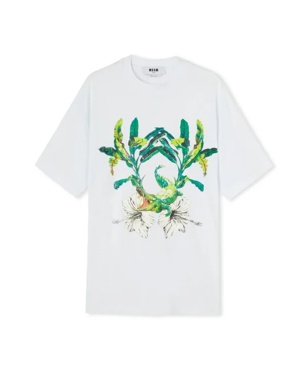 MSGM T-Shirt Girocollo In Cotone Con Con Grafica "Hibiscus Crocodile" White Best