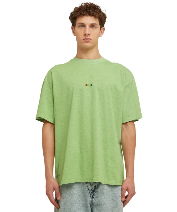 MSGM T-Shirt Girocollo In Cotone Melange Con Micro Logo Rainbow Ricamato Green New