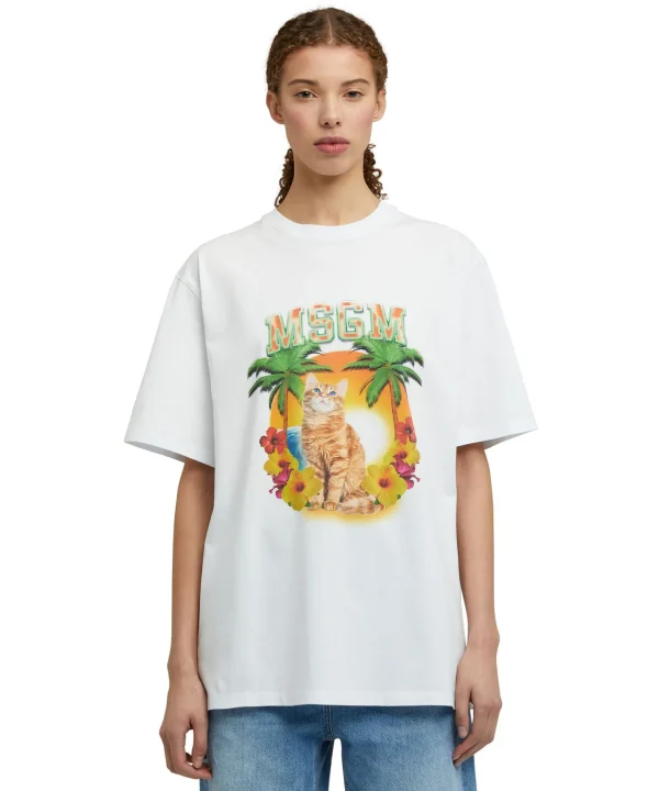 MSGM T-Shirt Girocollo In Cotone Con Grafica "College Cat" White Flash Sale