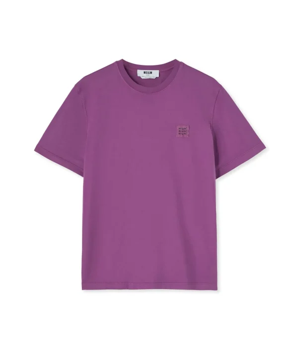 MSGM T-Shirt Girocollo In Cotone Tinta Unita Con Etichetta Con Logo Applicata Dark Purple Hot