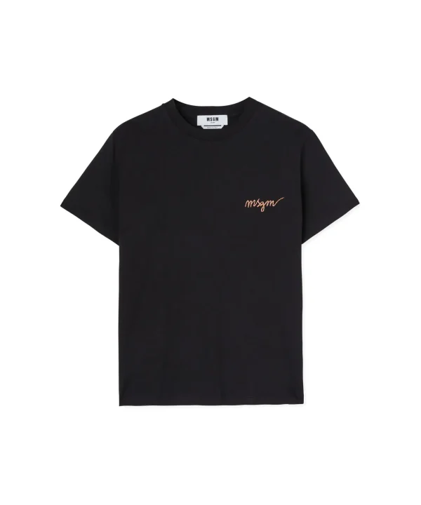 MSGM T-Shirt Girocollo In Cotone Con Logo Multicolor Corsivo Ricamato Black Fashion