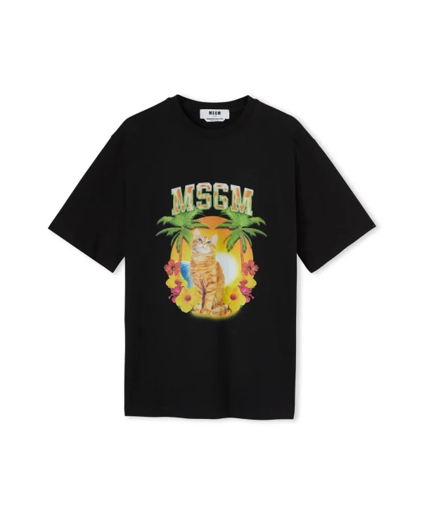 MSGM T-Shirt Girocollo In Cotone Con Grafica "College Cat" Black Flash Sale