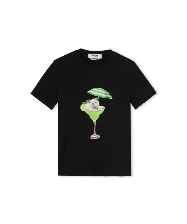 MSGM T-Shirt Girocollo In Cotone Con Grafica "Cocktail Cat" Black Sale