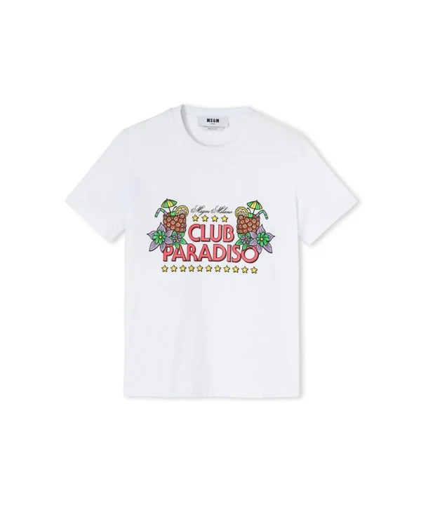 MSGM T-Shirt Girocollo In Cotone Tinta Unita Con Grafica "Club Paradiso" White Sale