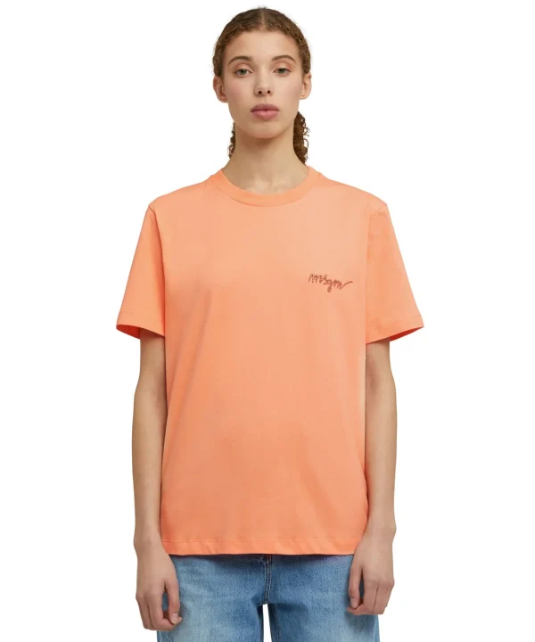 MSGM T-Shirt Girocollo In Cotone Con Logo Multicolor Corsivo Ricamato Orange Hot