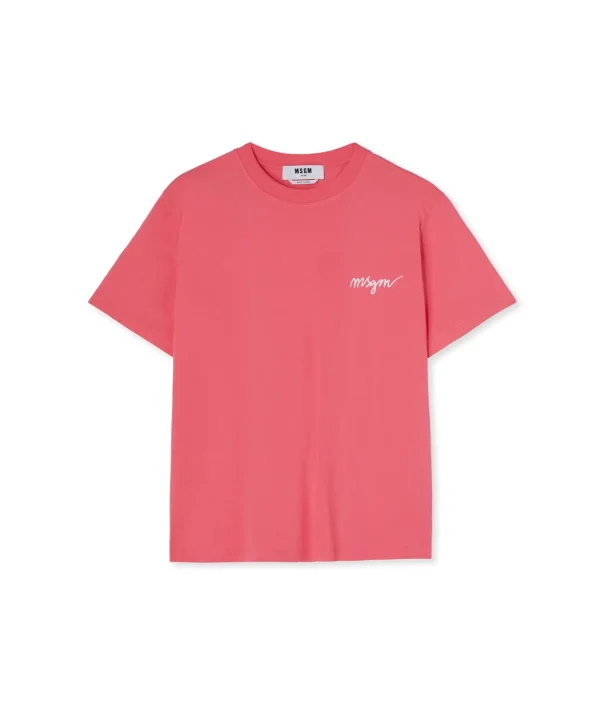 MSGM T-Shirt Girocollo In Cotone Con Logo Multicolor Corsivo Ricamato Fucsia Best Sale