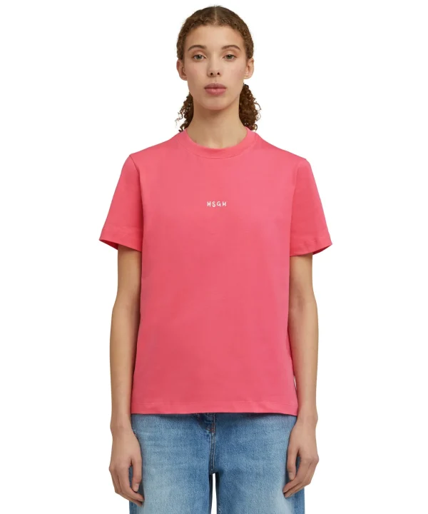 MSGM T-Shirt Girocollo In Cotone Con Micro Logo Fucsia New