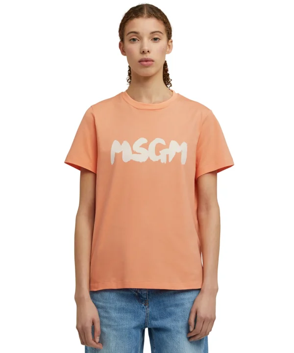 MSGM T-Shirt Girocollo In Cotone Con Nuovo Logo Pennellato Orange Fashion