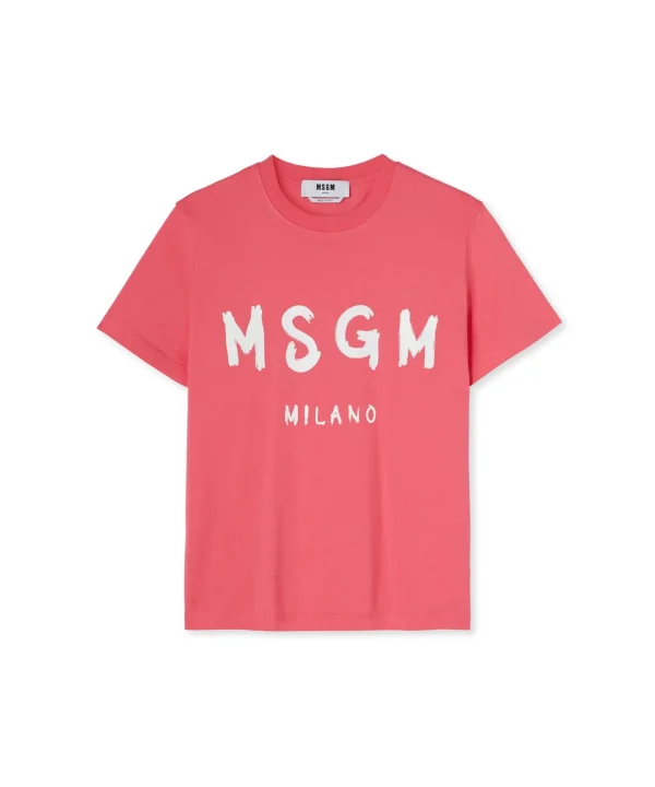 MSGM T-Shirt Girocollo In Cotone Con Logo Pennellato Fucsia Discount