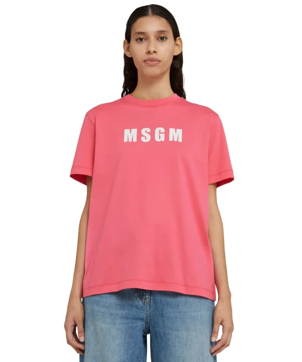 MSGM T-Shirt Girocollo In Cotone Con Logo Fucsia Clearance