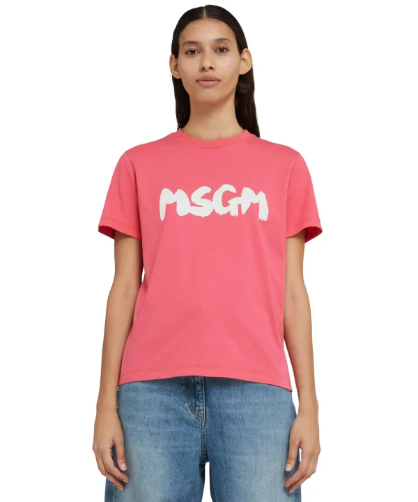 MSGM T-Shirt Girocollo In Cotone Con Nuovo Logo Pennellato Fucsia Outlet