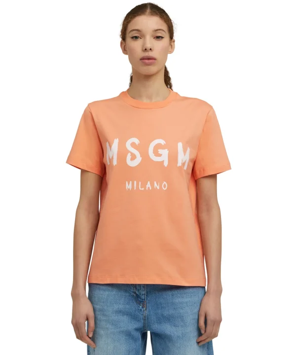 MSGM T-Shirt Girocollo In Cotone Con Logo Pennellato Orange Clearance