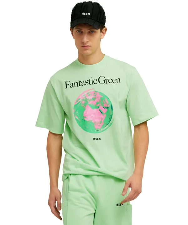 MSGM T-Shirt Girocollo In Cotone Organico Della Capsule Fantastic Green Light Green Clearance