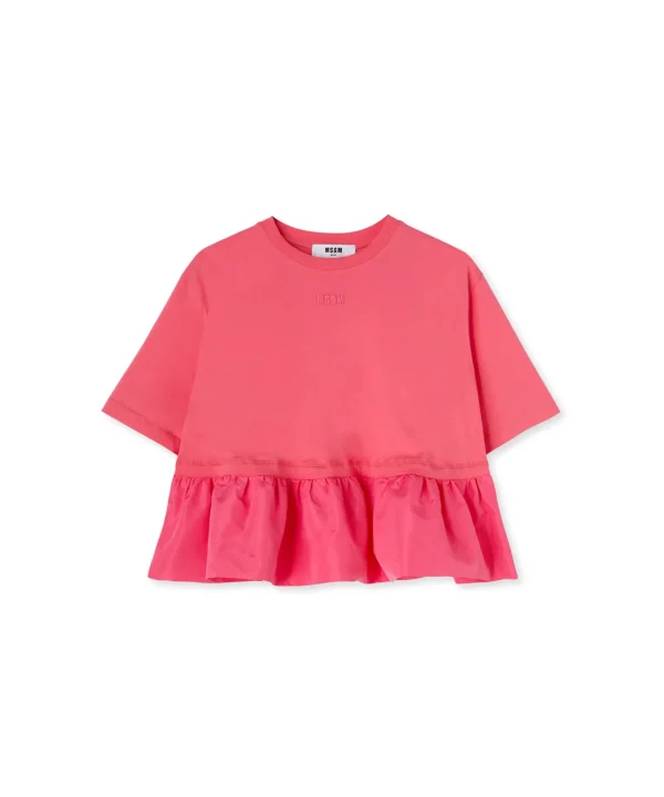 MSGM T-Shirt Girocollo In Cotone Con Balza In Taffeta Fucsia Best Sale