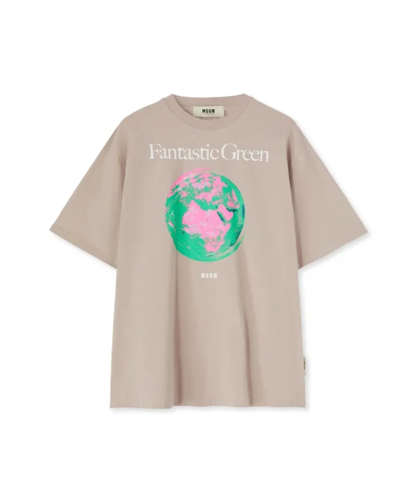 MSGM T-Shirt Girocollo In Cotone Organico Della Capsule Fantastic Green Beige Flash Sale