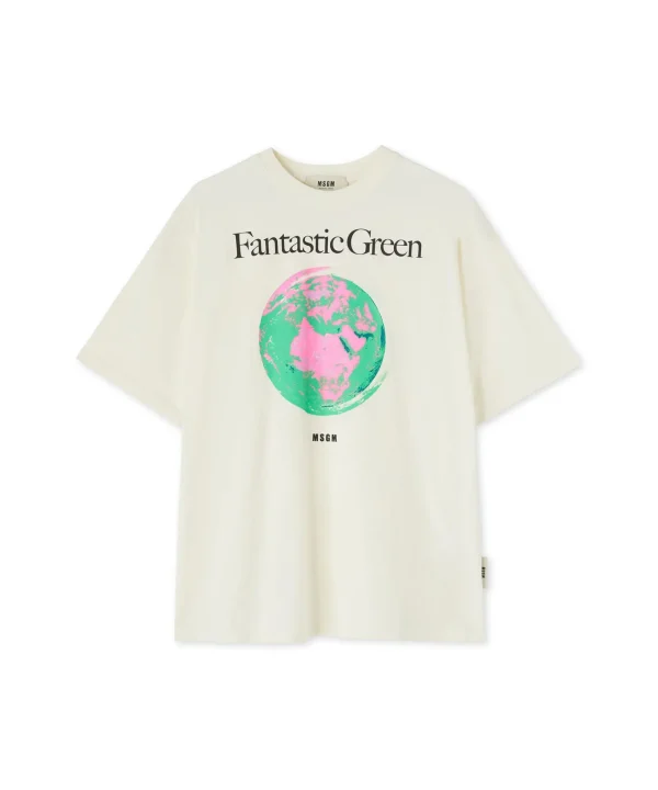 MSGM T-Shirt Girocollo In Cotone Organico Della Capsule Fantastic Green Cream Fashion