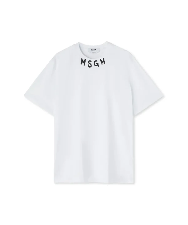 MSGM T-Shirt Girocollo In Cotone Con Logo Pennellato Posizionato Sul Collo White Cheap