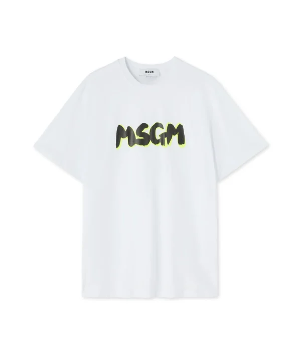 MSGM T-Shirt Girocollo In Cotone Con Nuovo Logo Pennellato Con Ombra Fluo White Store