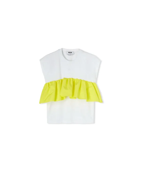 MSGM T-Shirt Girocollo In Cotone Con Balza In Taffeta Applicata White Online