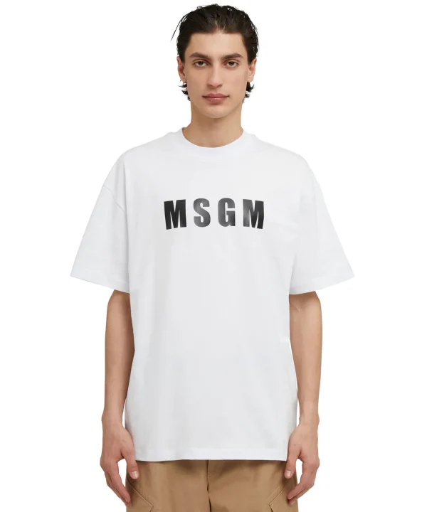 MSGM T-Shirt Girocollo In Cotone Con Logo White Flash Sale