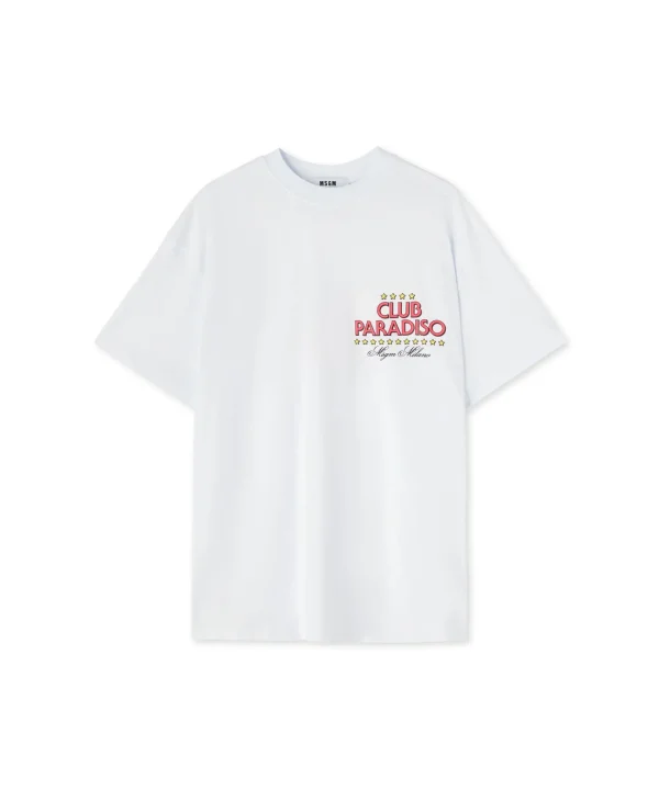 MSGM T-Shirt Girocollo In Cotone Tinta Unita Con Grafica "Club Paradiso" White Online