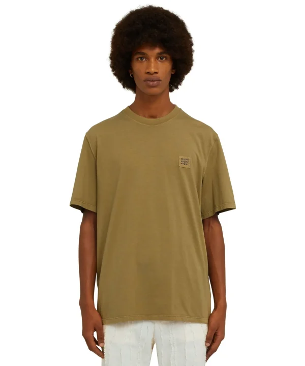 MSGM T-Shirt Girocollo In Cotone Tinta Unita Con Etichetta Con Logo Applicata Military Green Shop