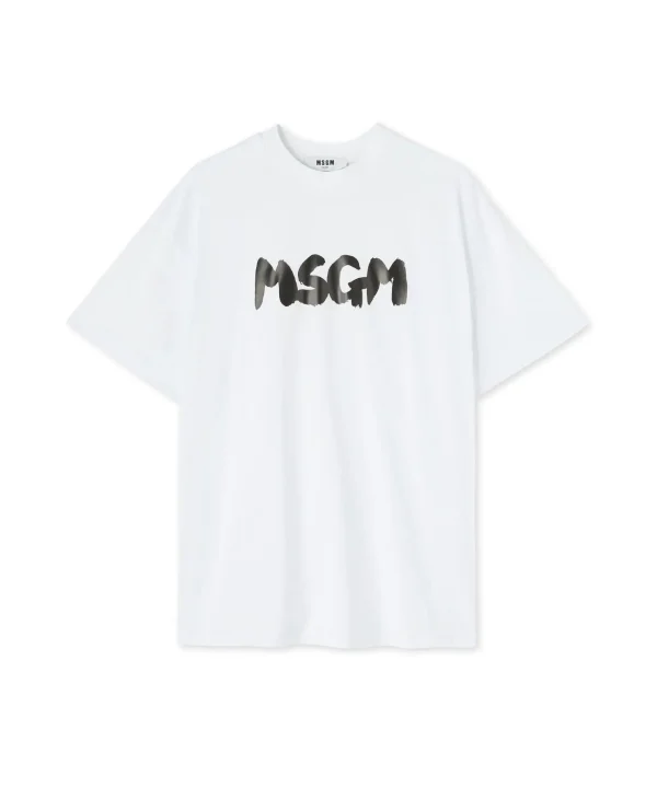 MSGM T-Shirt Girocollo In Cotone Con Nuovo Logo Pennellato White Flash Sale