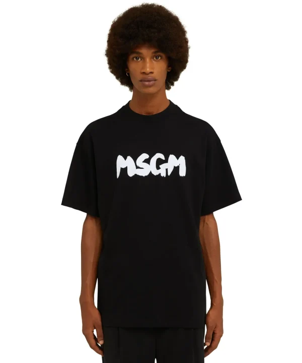 MSGM T-Shirt Girocollo In Cotone Con Nuovo Logo Pennellato Black Hot